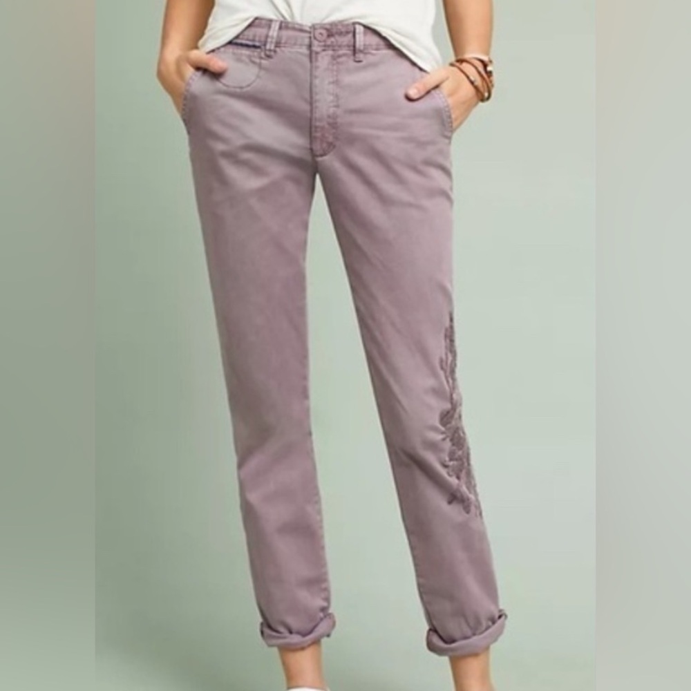 Chino by Anthropologie Lavender Embroidered Chino Pants, Size 25
